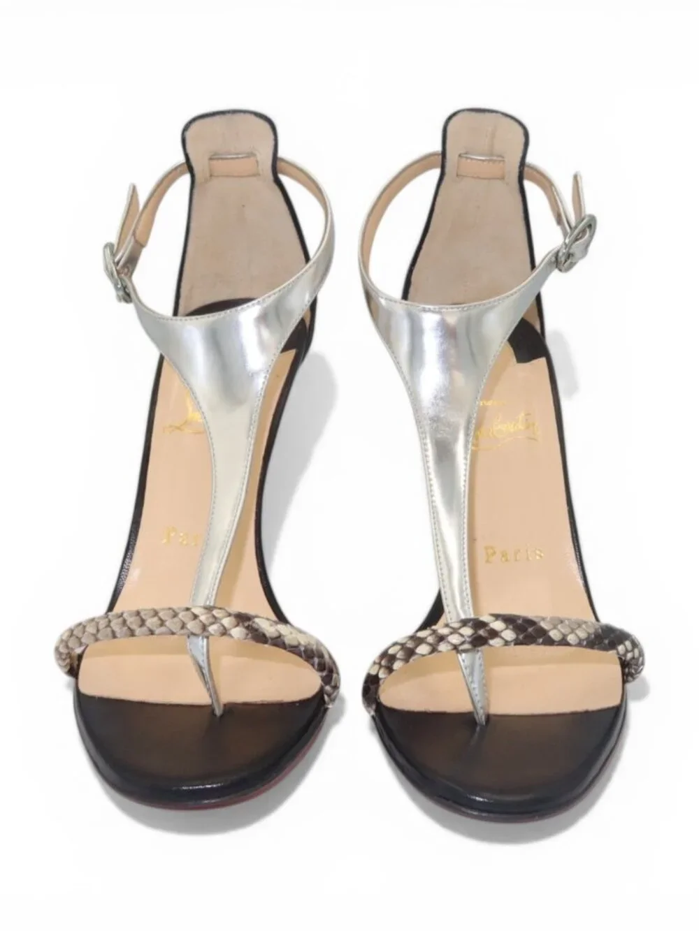 Christian Louboutin Athina Python T Strap Sandals Black Silver Size 37.5 - Picture 3 of 16